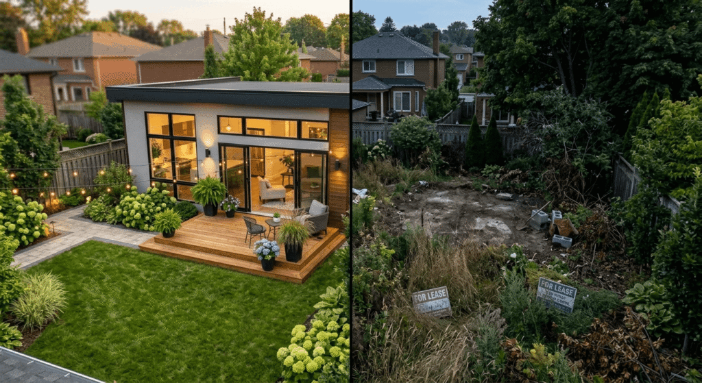 Split image comparing a completed Ontario garden suite backyard with an unused yard showing potential versus missed opportunity