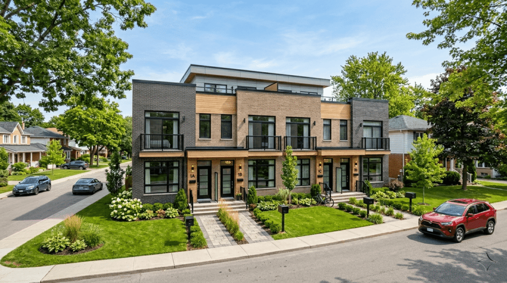 Modern quadplex building with four separate entrances on an Ontario suburban street
