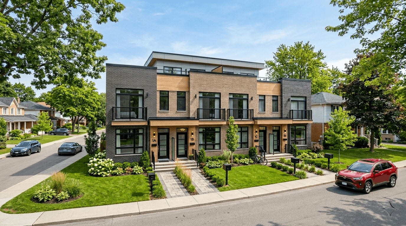 Modern quadplex building with four separate entrances on an Ontario suburban street