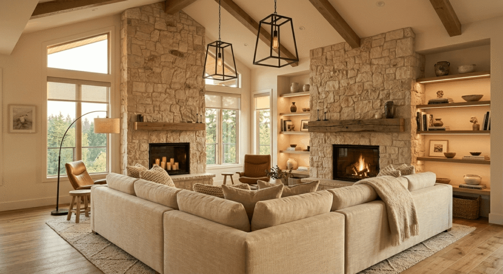 Luxury living room with stone fireplace, built-in shelving, and open concept design in Mississauga custom home renovation