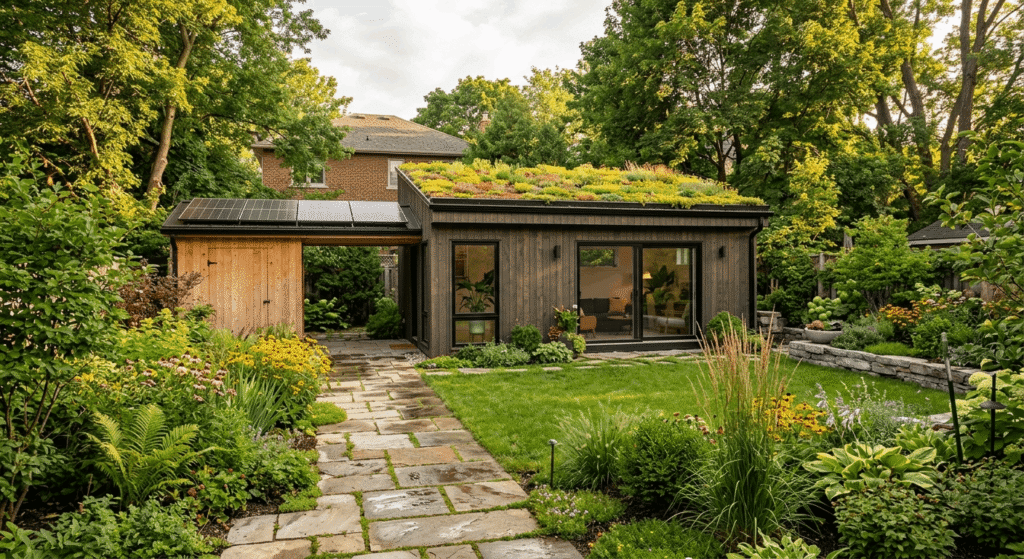 Eco-friendly garden suite with green roof, solar panels, and permeable landscaping in Ontario