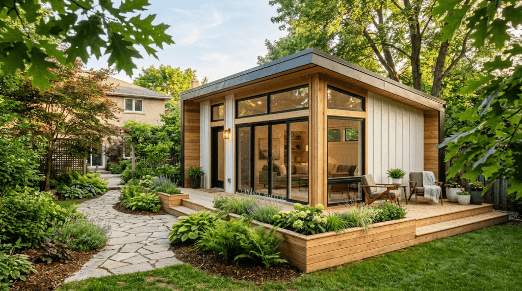 Modern garden suite in an Ontario suburban backyard with cedar deck and large windows