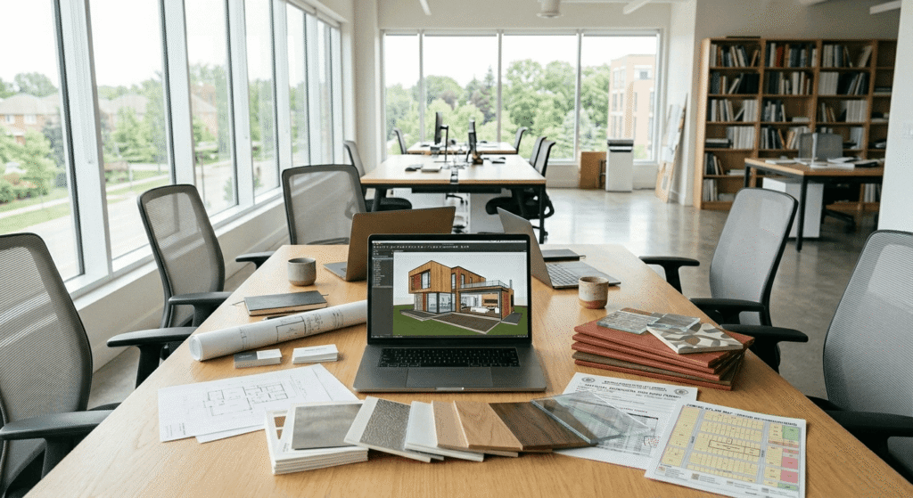 Design-build team in Ontario collaborating on custom home project plans and material selections during pre-construction phase