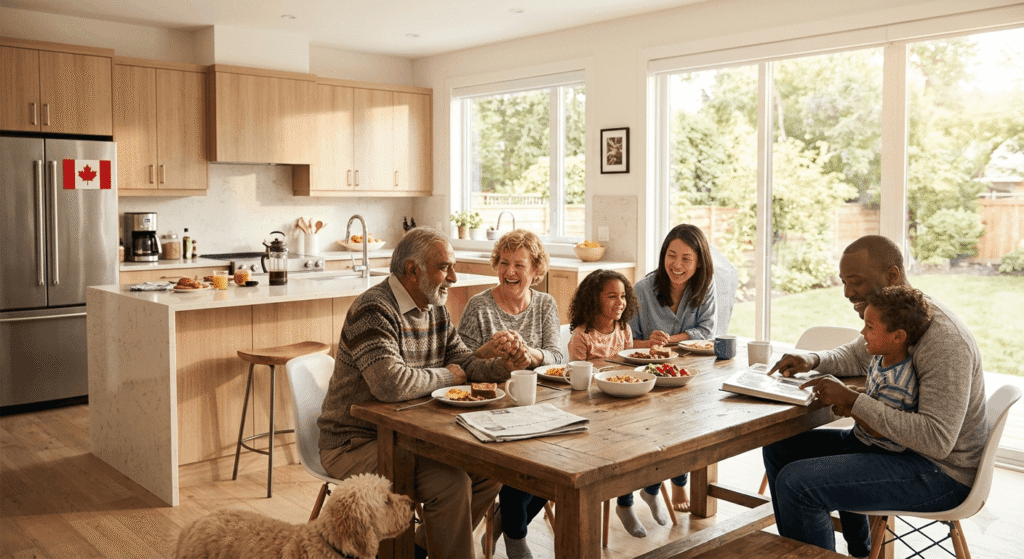Three generations of a family enjoying shared living space in a multigenerational home in Ontario
