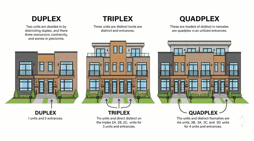 Side-by-side comparison of a duplex, triplex, and quadplex building showing the difference in unit count
