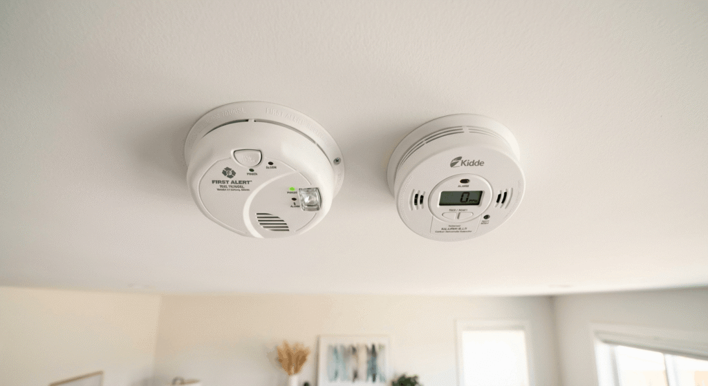 Smoke alarm and carbon monoxide detector installed on a home ceiling per Ontario Building Code 2026

