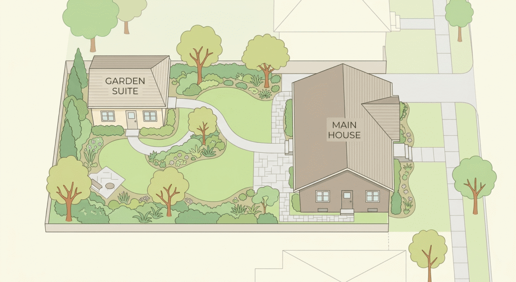 Aerial diagram showing a main house and detached garden suite on the same residential lot