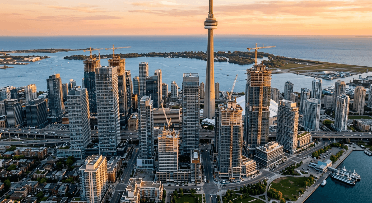 Aerial view of Toronto condo towers under construction along the waterfront at sunset.