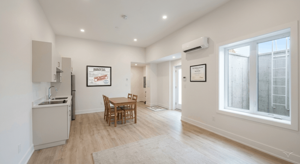 Legal secondary suite basement interior meeting Ontario Building Code 2026 ceiling and fire barrier requirements