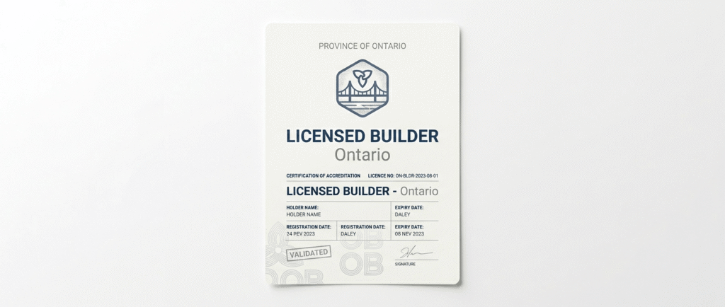 Illustration of an official HCRA Ontario builder license certificate on a white background