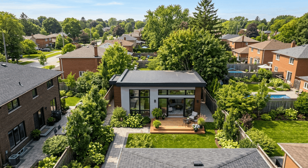 Detached garden suite in a Toronto suburban backyard with cedar deck and large windows