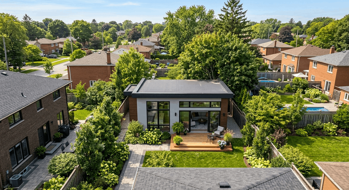 Detached garden suite in a Toronto suburban backyard with cedar deck and large windows