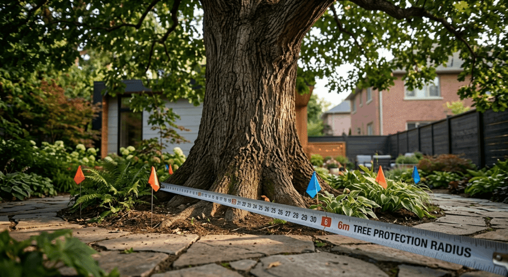 Protected mature tree in a Toronto backyard with measurement markers showing the 6-metre garden suite setback requirement