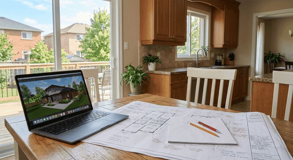 reviewing multigenerational home blueprints and design plans in Ontario