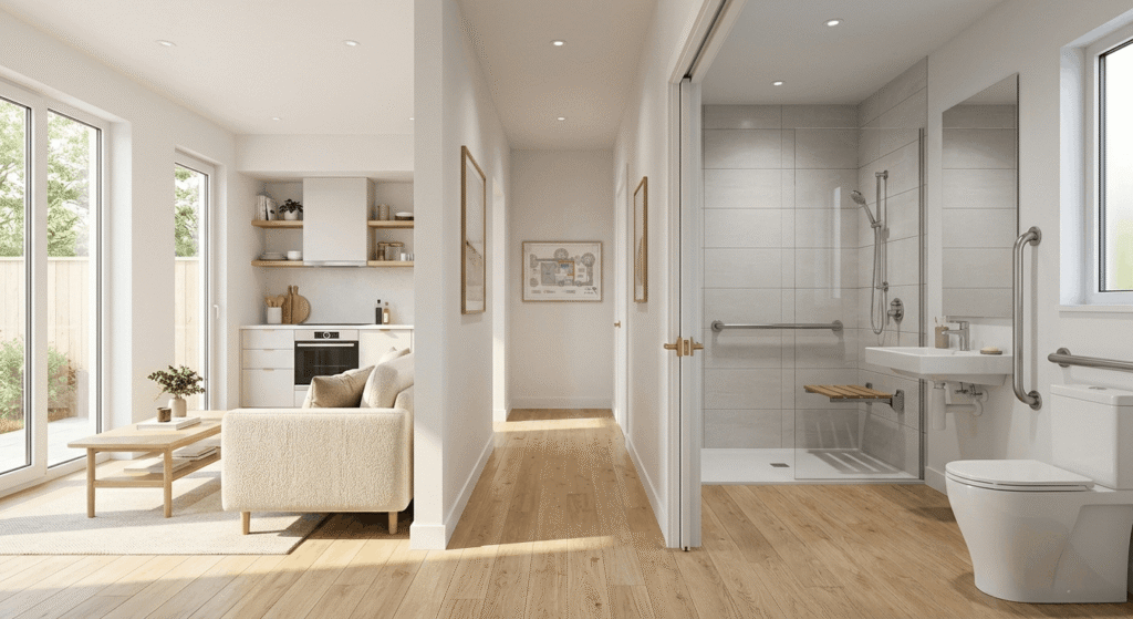 Accessible garden suite interior with wide doorways, lever handles, barrier-free roll-in shower, and open-concept layout for aging in place constructed by leedway