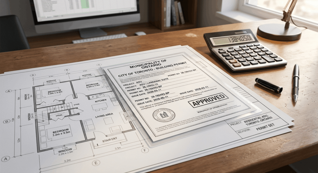 Ontario garden suite building permit application and architectural floor plans on a desk