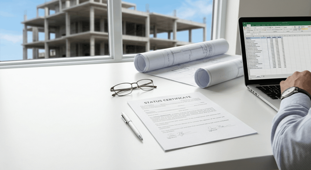 Real estate advisor reviewing a condo status certificate document and fee breakdown at a desk.


