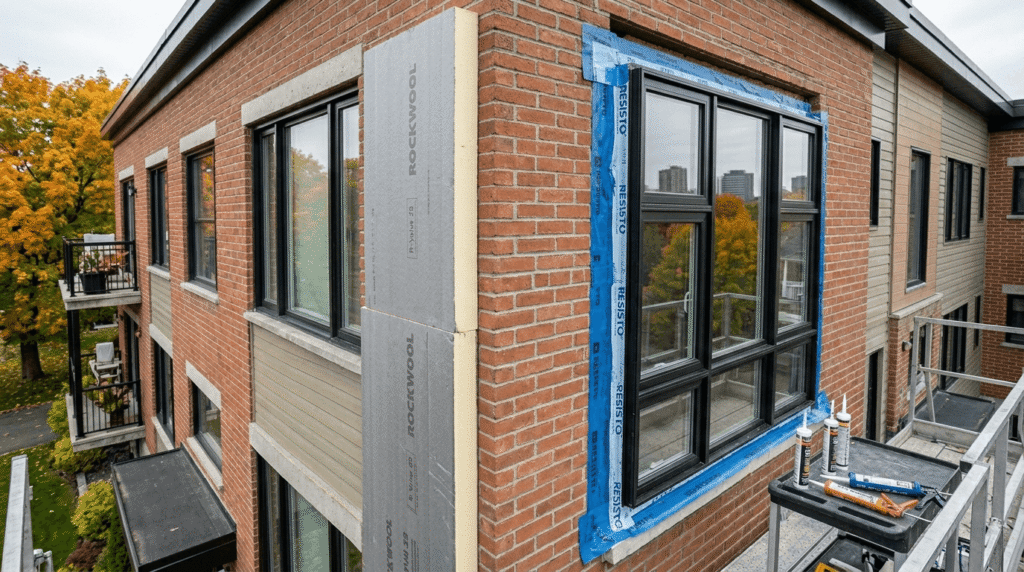  installing energy-efficient insulation and windows on a multi-plex building to meet Canadian building code standards