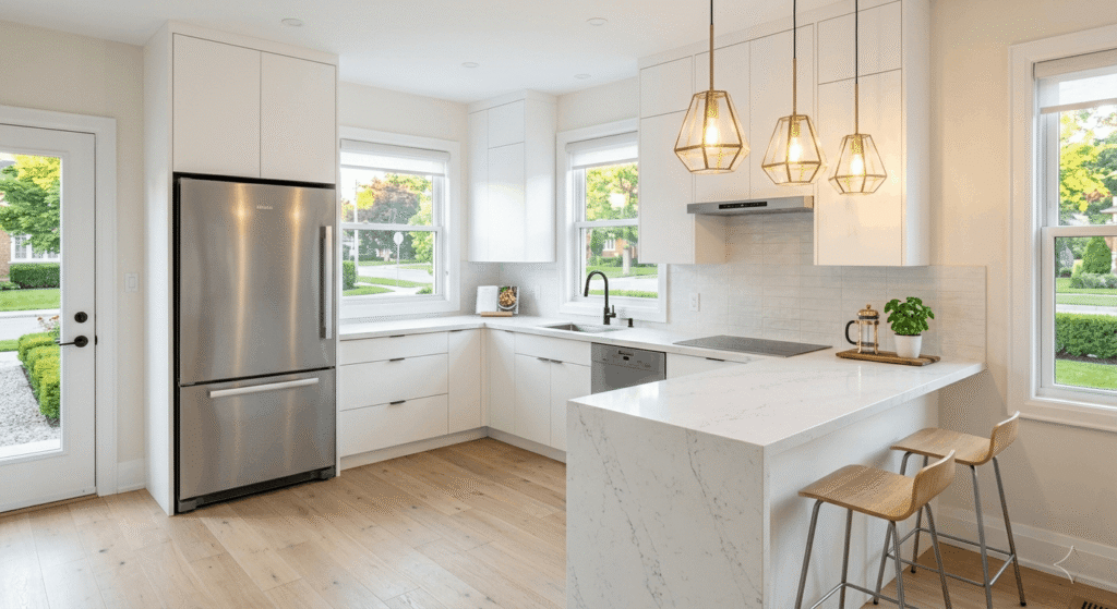 Renovated multiplex kitchen with modern cabinetry and quartz countertops to increase rental income and property value