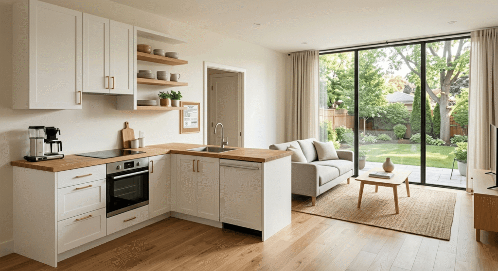 Modern open-concept interior of a one-bedroom garden suite in Ontario with natural light and compact kitchen