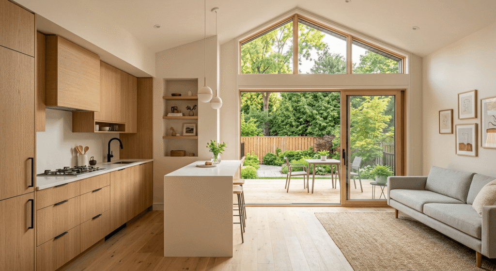 Open-concept garden suite interior with built-in kitchen storage and sliding patio doors maximizing small space