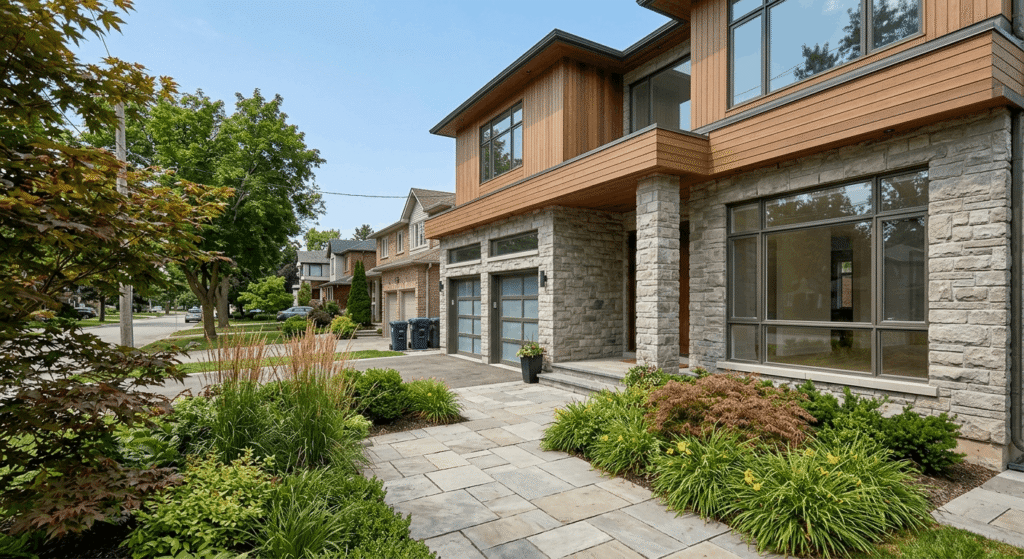 design-build project manager in front of completed custom home in Toronto by leedway group

