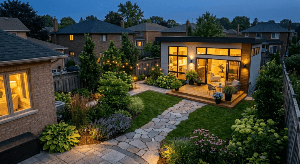 Completed garden suite at dusk with interior lights on and stone path in an Ontario suburban backyard
