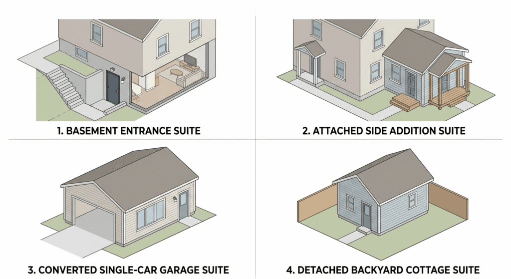 Four types of Ontario in-law suite options — basement, attached, garage conversion, and garden suite