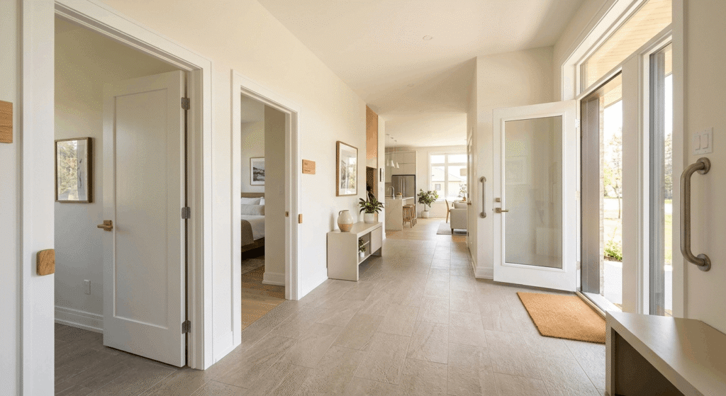 Accessible home hallway with wide doorways, lever handles, and grab bars designed for senior-friendly multigenerational living in Ontario