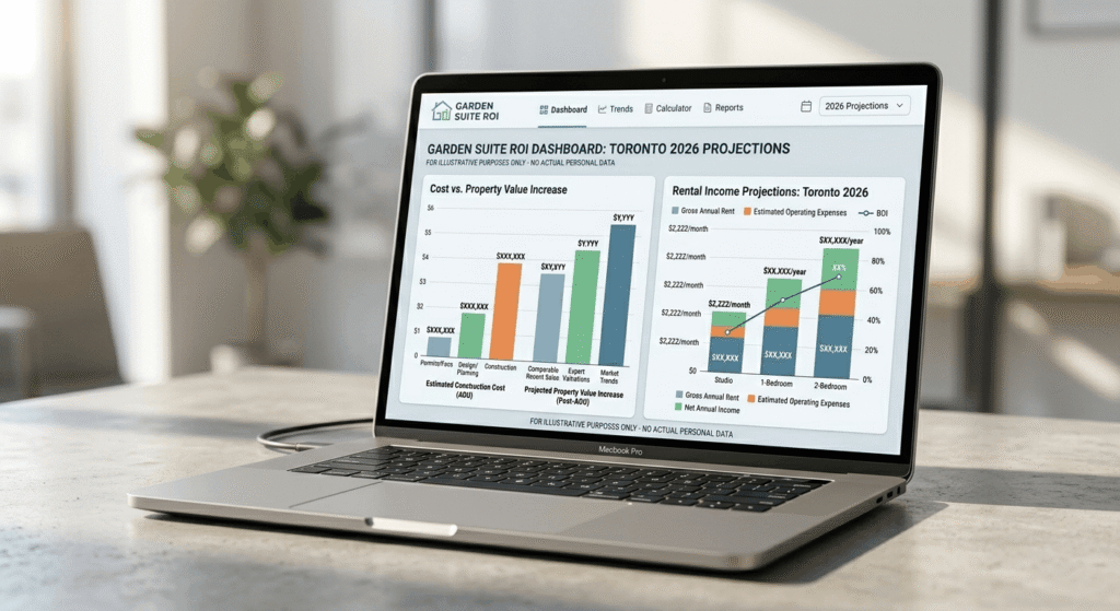 Laptop showing garden suite ROI statistics including construction cost, rental income, and property value increase in Ontario