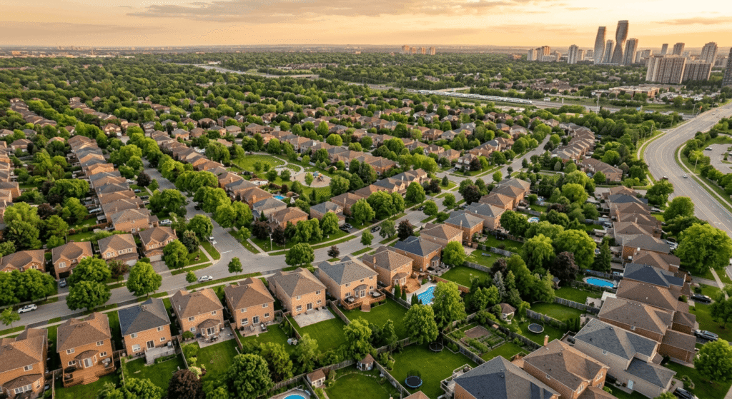 Aerial view of residential neighbourhood in Mississauga Ontario showing backyards suitable for garden suite development