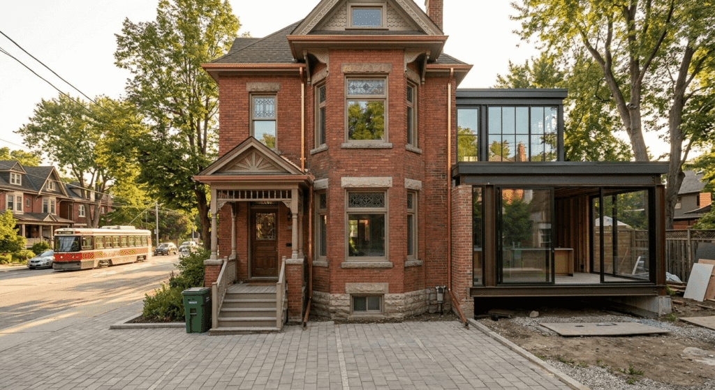 "Heritage home full renovation in Leslieville Toronto showing exterior brick restoration and modern rear addition under construction"
