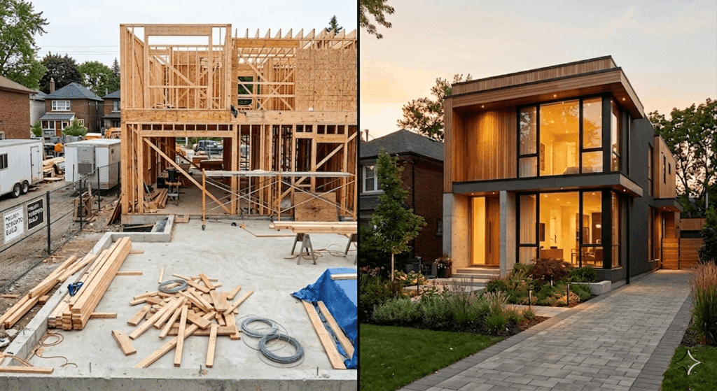 "Split view comparing design-build construction team on-site in Toronto with a completed custom home exterior"