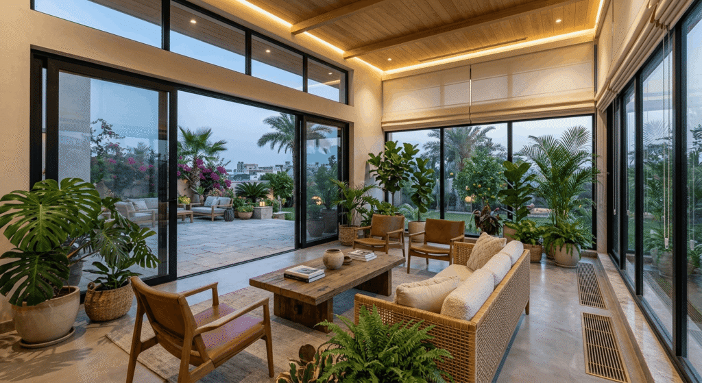 Luxury four-season sunroom interior with biophilic design, wood ceiling, motorized blinds, and floor-to-ceiling glass doors