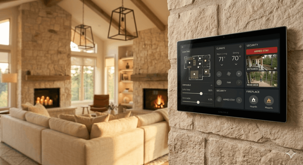 Smart home automation control panel for lighting, climate, and security in Ontario luxury home renovation