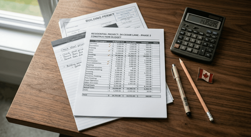 Custom home construction budget planning documents and cost estimate spreadsheet for an Ontario build project
