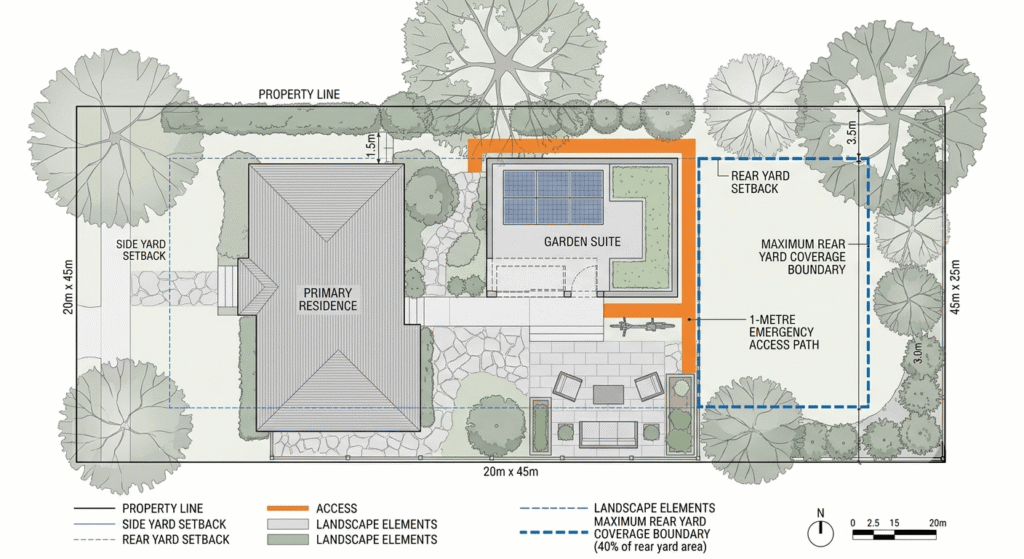 Aerial site plan diagram of a Toronto residential lot showing garden suite placement, setback lines, and emergency access path
by leedway 