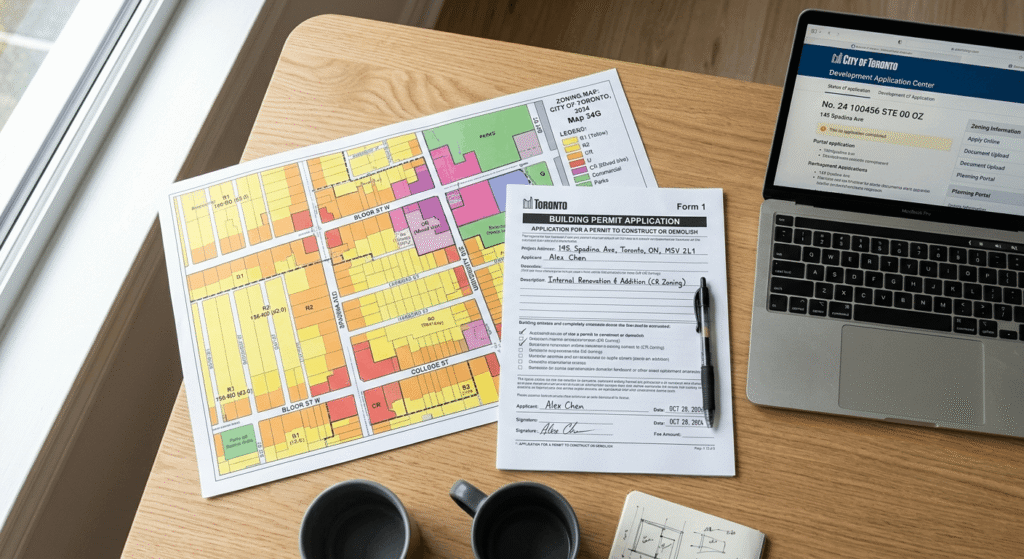 Ontario zoning map and building permit application documents for an accessory dwelling unit project