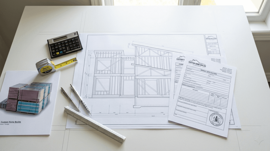 Architectural blueprints and construction permit documents spread on a desk alongside a calculator, representing soft costs in Ontario home building including permits and engineering fees