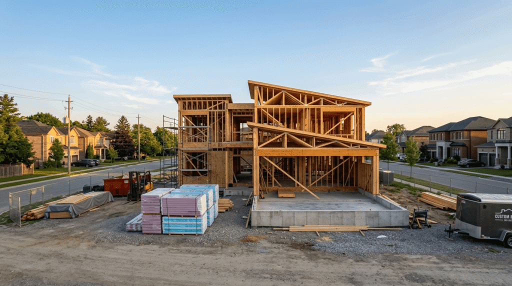 Modern custom home under construction in Ontario showing framing and foundation work, representing 2026 building costs per square foot