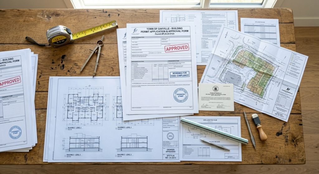 Building permit documents and architectural blueprints laid out on a desk for an Ontario construction project