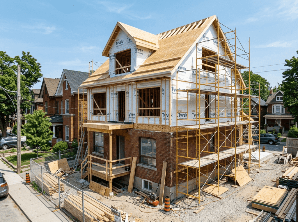 Toronto detached home under construction with new second-storey addition framing and scaffolding
