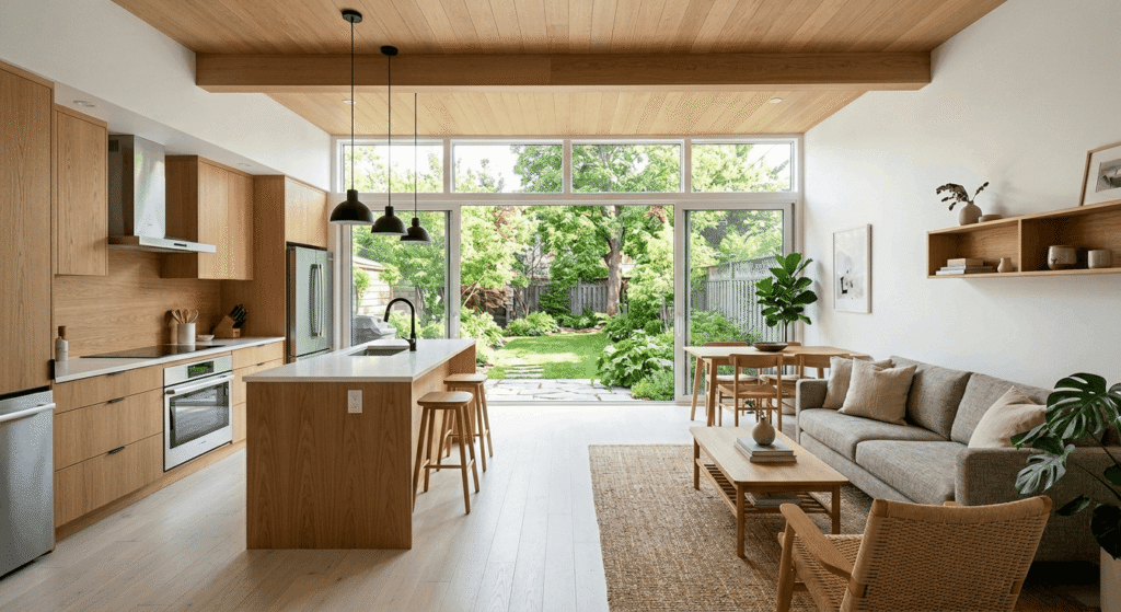 Bright open-concept interior of a completed Toronto garden suite with energy-efficient design