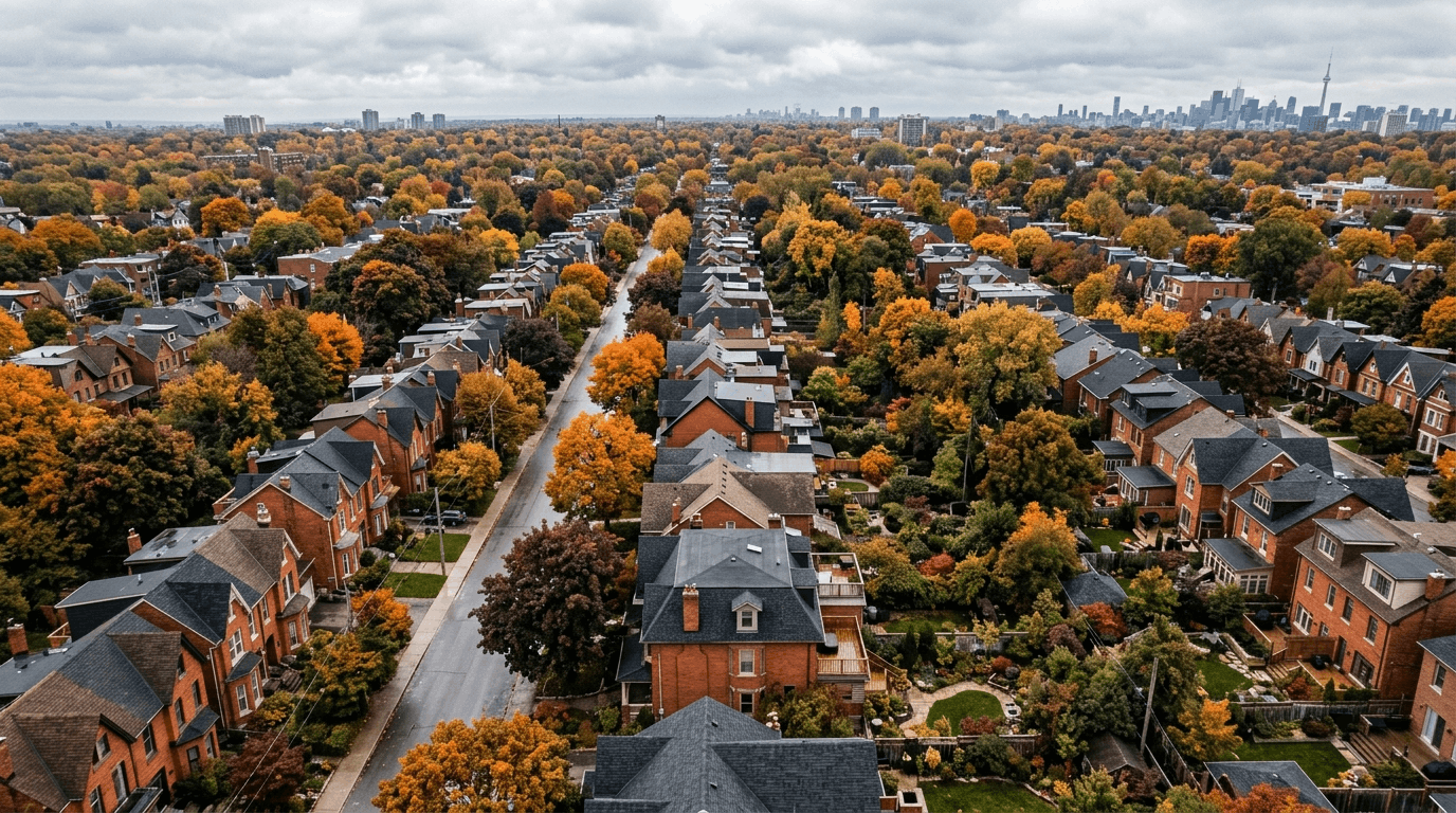 Aerial view of Toronto residential neighbourhood showing detached homes suitable for rear additions