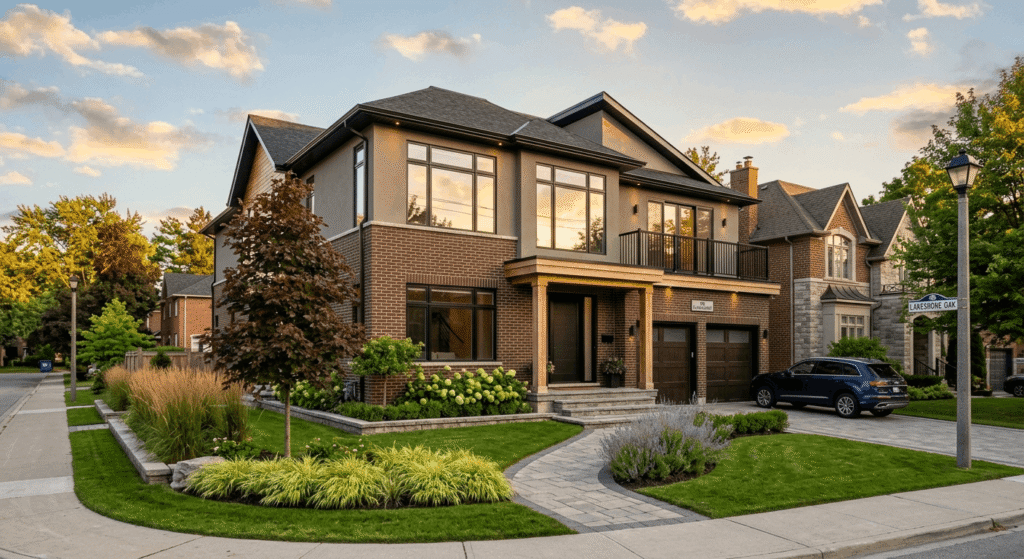 Completed second floor addition on a custom Toronto home showing modern two-storey exterior with large windows and a tidy front yard