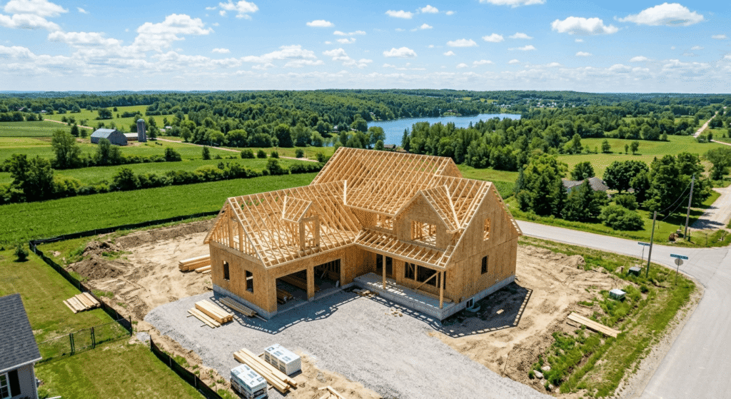 Custom home framing and construction in progress on a Simcoe County residential lot