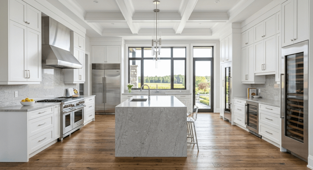 Luxury kitchen interior with stone countertops and custom cabinetry in a Simcoe County custom home