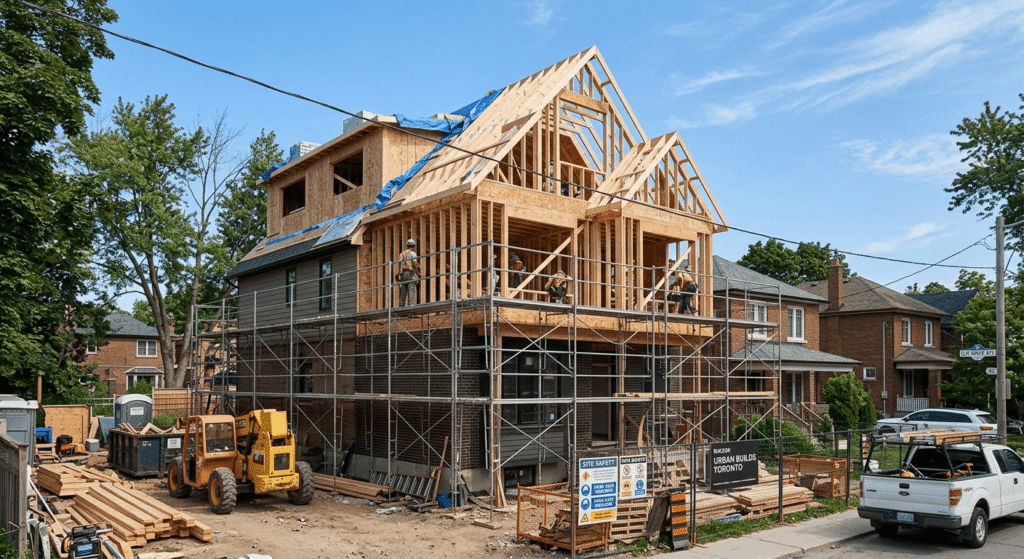 A Toronto detached home with a second floor addition under construction, showing wood framing and scaffolding on the upper storey