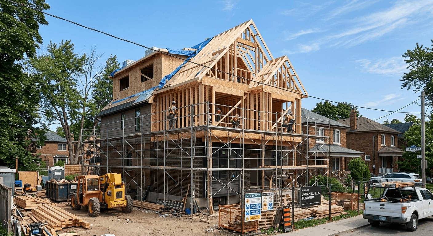 A Toronto detached home with a second floor addition under construction, showing wood framing and scaffolding on the upper storey