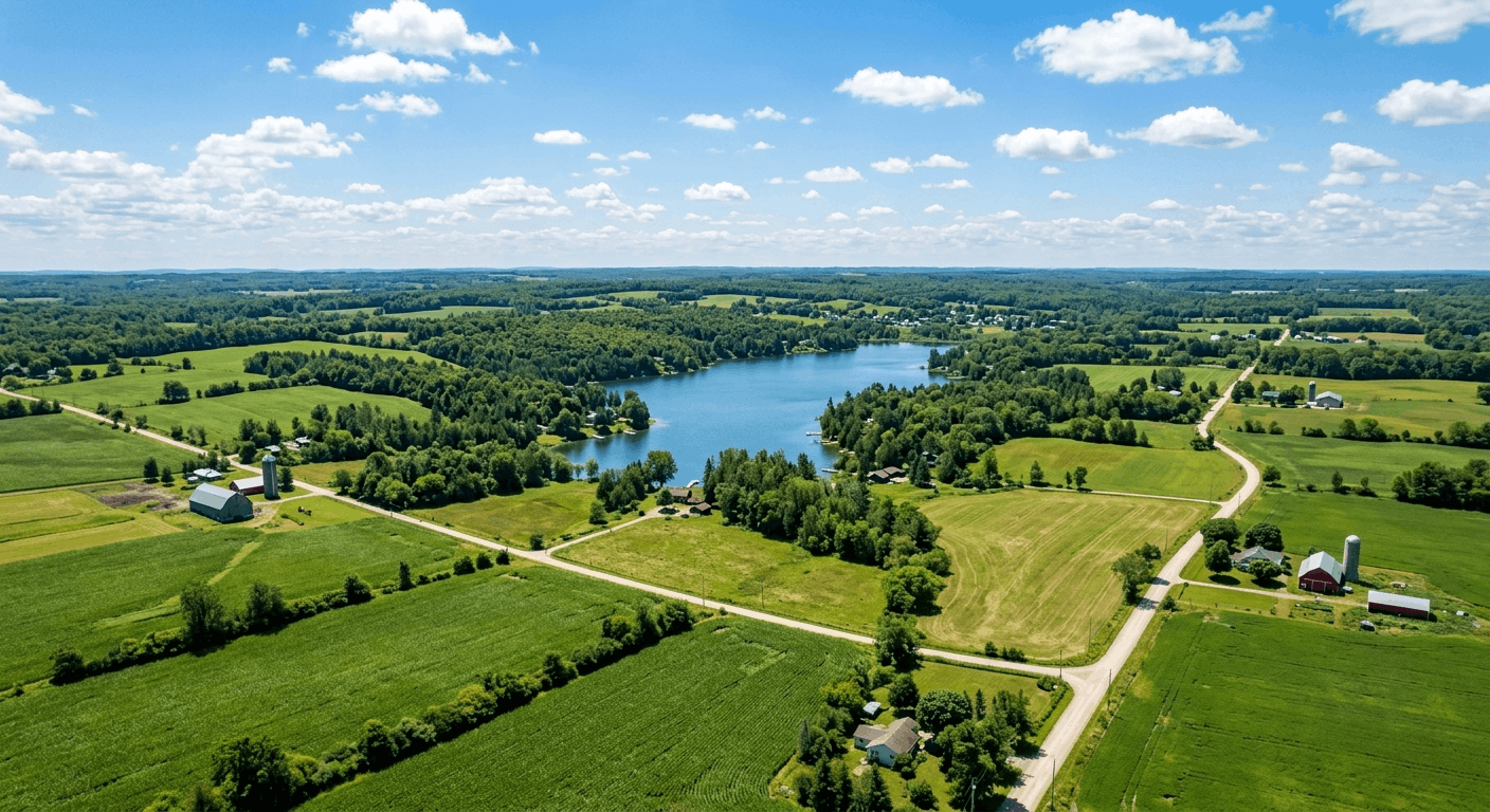 Aerial view of Simcoe County Ontario countryside with rolling hills and farmland